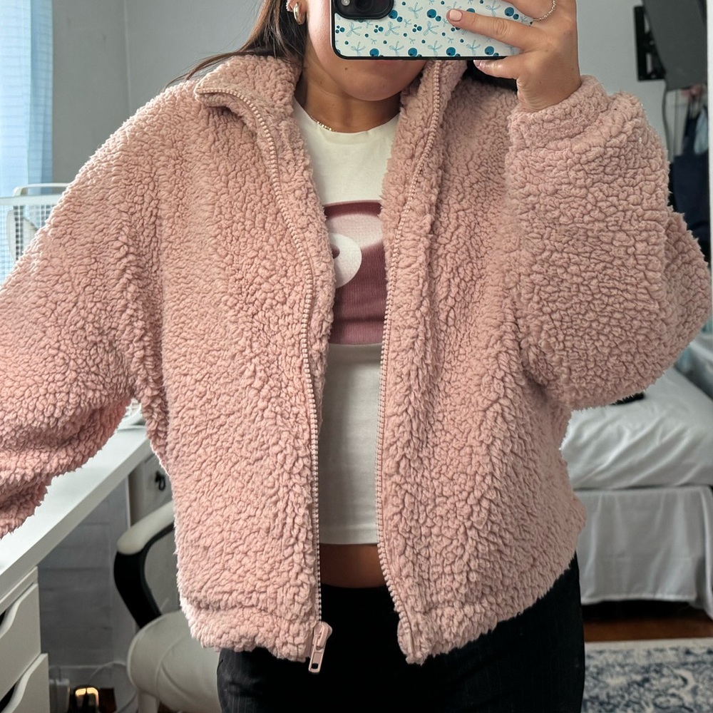 Urban Outfitters Pink Teddy Zip-Up Jacket